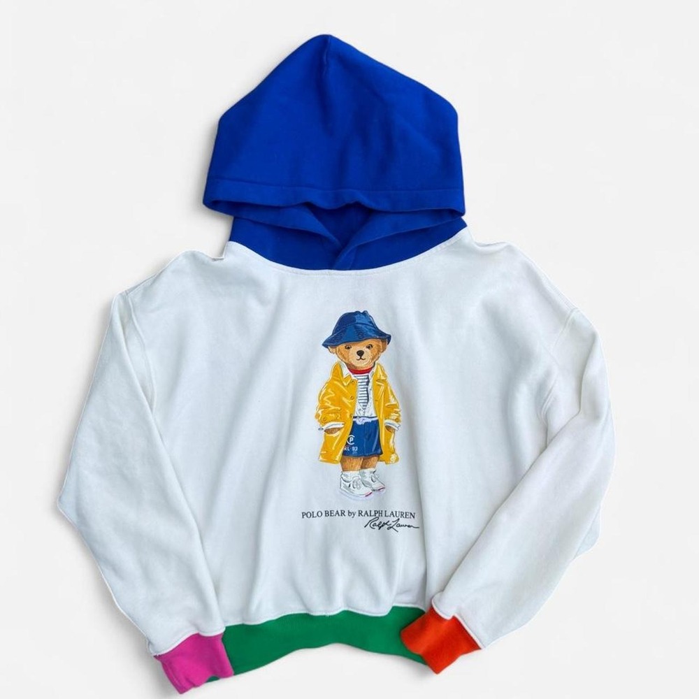 Polo Ralph Lauren Polo Bear Hoodie Cropped White Blue Colorblock Small